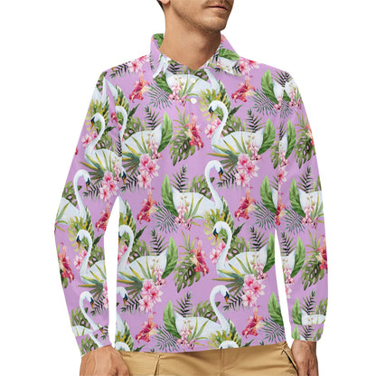 Swan with Flower Pattern Print Design 01 Long Sleeve Polo Shirt For Men's