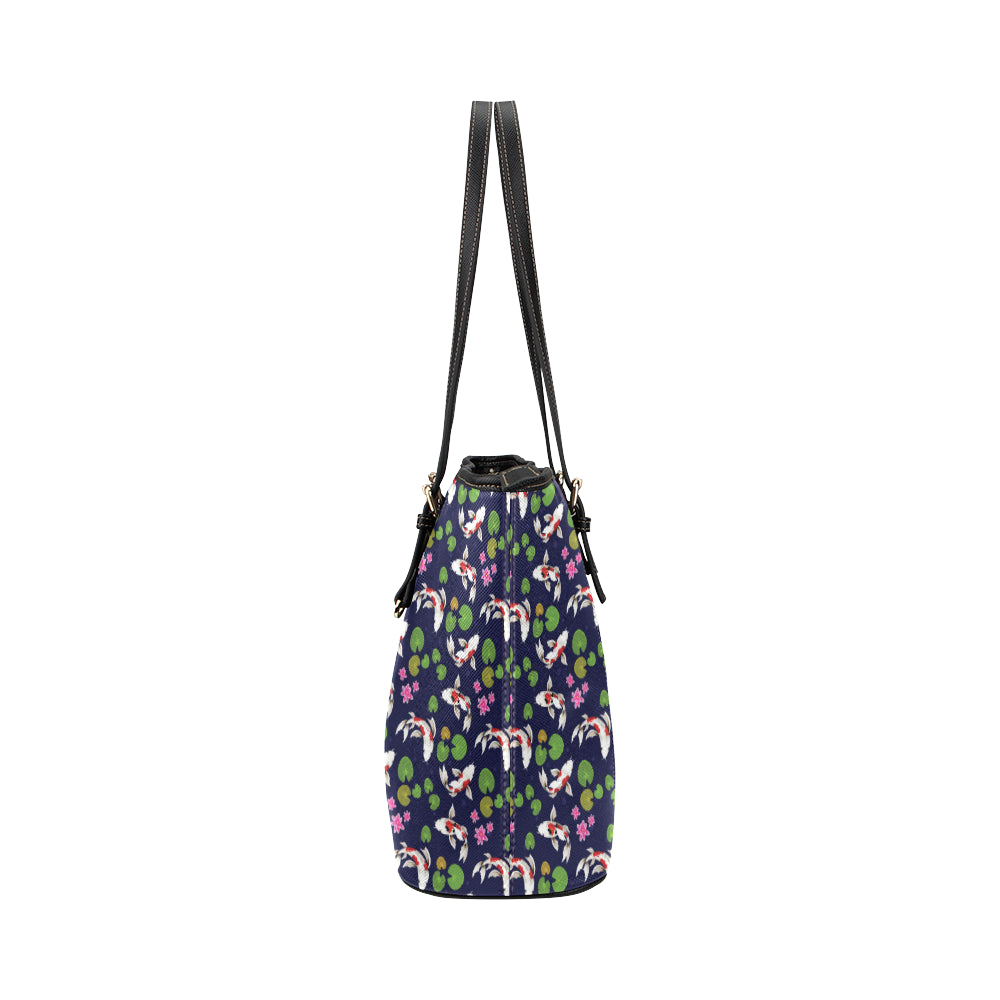 Koi Carp Pattern Design Themed Print Leather Tote Bag