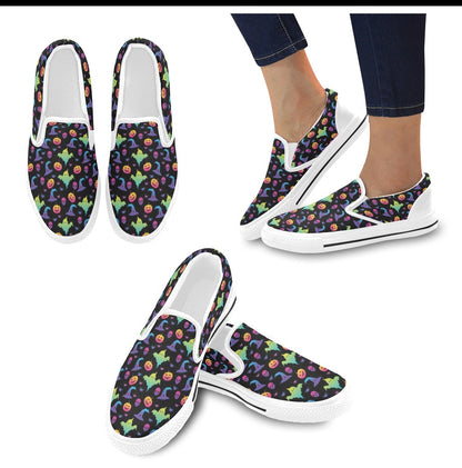 Halloween Print Design LKS404 White Slip Ons Canvas Women's Shoes