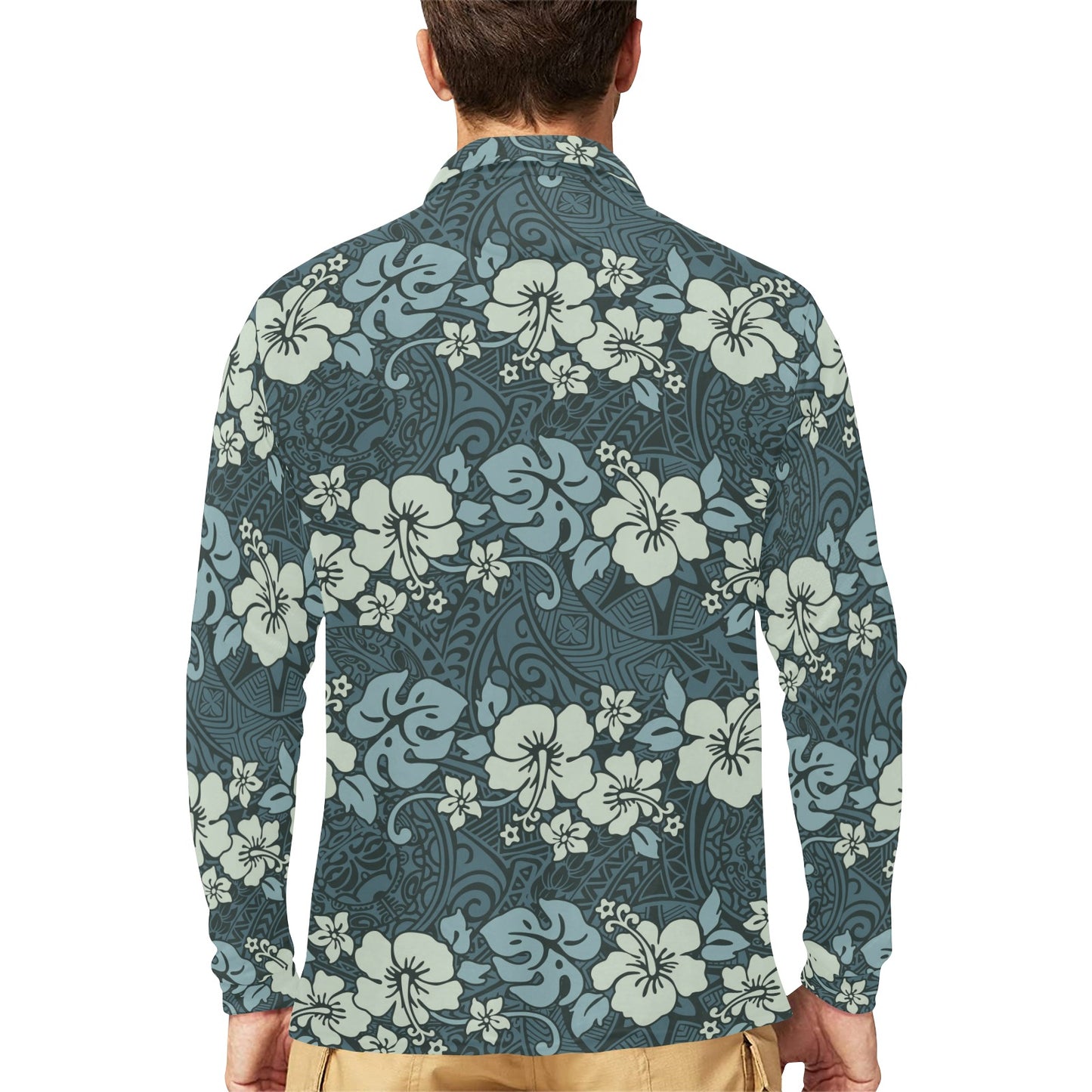 Flower Hawaiian Hibiscus Style Print Pattern Long Sleeve Polo Shirt For Men's