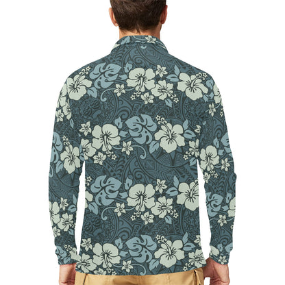 Flower Hawaiian Hibiscus Style Print Pattern Long Sleeve Polo Shirt For Men's