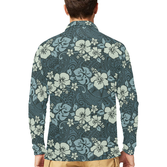 Flower Hawaiian Hibiscus Style Print Pattern Long Sleeve Polo Shirt For Men's