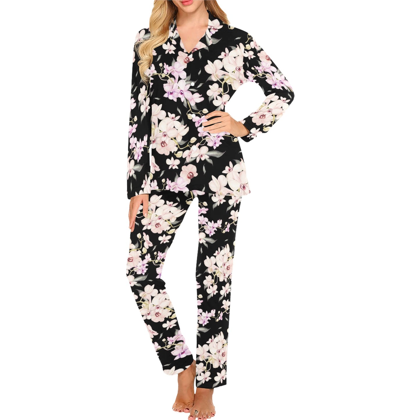 Orchid White Pattern Print Design OR03 Women's Long Pajama Set