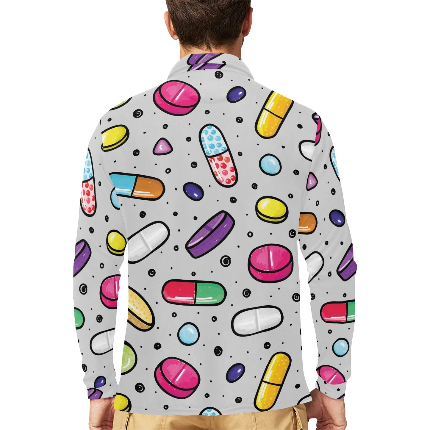 Pill Pattern Print Design A04 Long Sleeve Polo Shirt For Men's