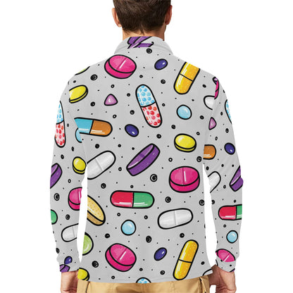 Pill Pattern Print Design A04 Long Sleeve Polo Shirt For Men's