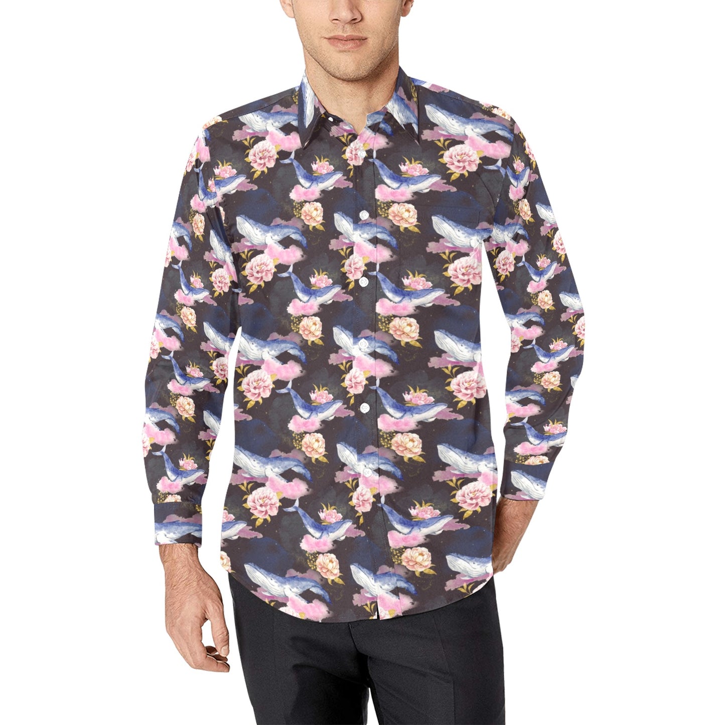 Blue Whale Print Design LKS401 Men's Long Sleeve Dress Shirt