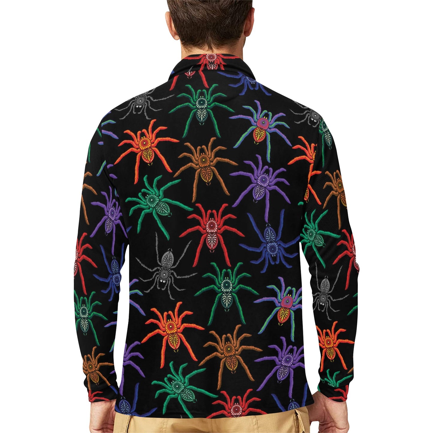 Tarantula Neon Color Pattern Print Design 03 Long Sleeve Polo Shirt For Men's