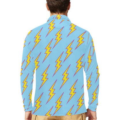 Lightning Thunder Pattern Print Design 02 Long Sleeve Polo Shirt For Men's