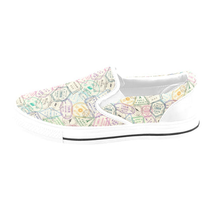 Travel Stamp Print Design LKS303 White Slip Ons Canvas Women's Shoes