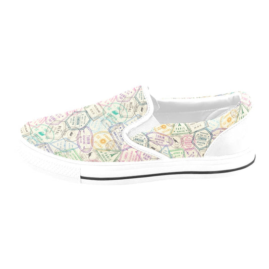 Travel Stamp Print Design LKS303 White Slip Ons Canvas Women's Shoes
