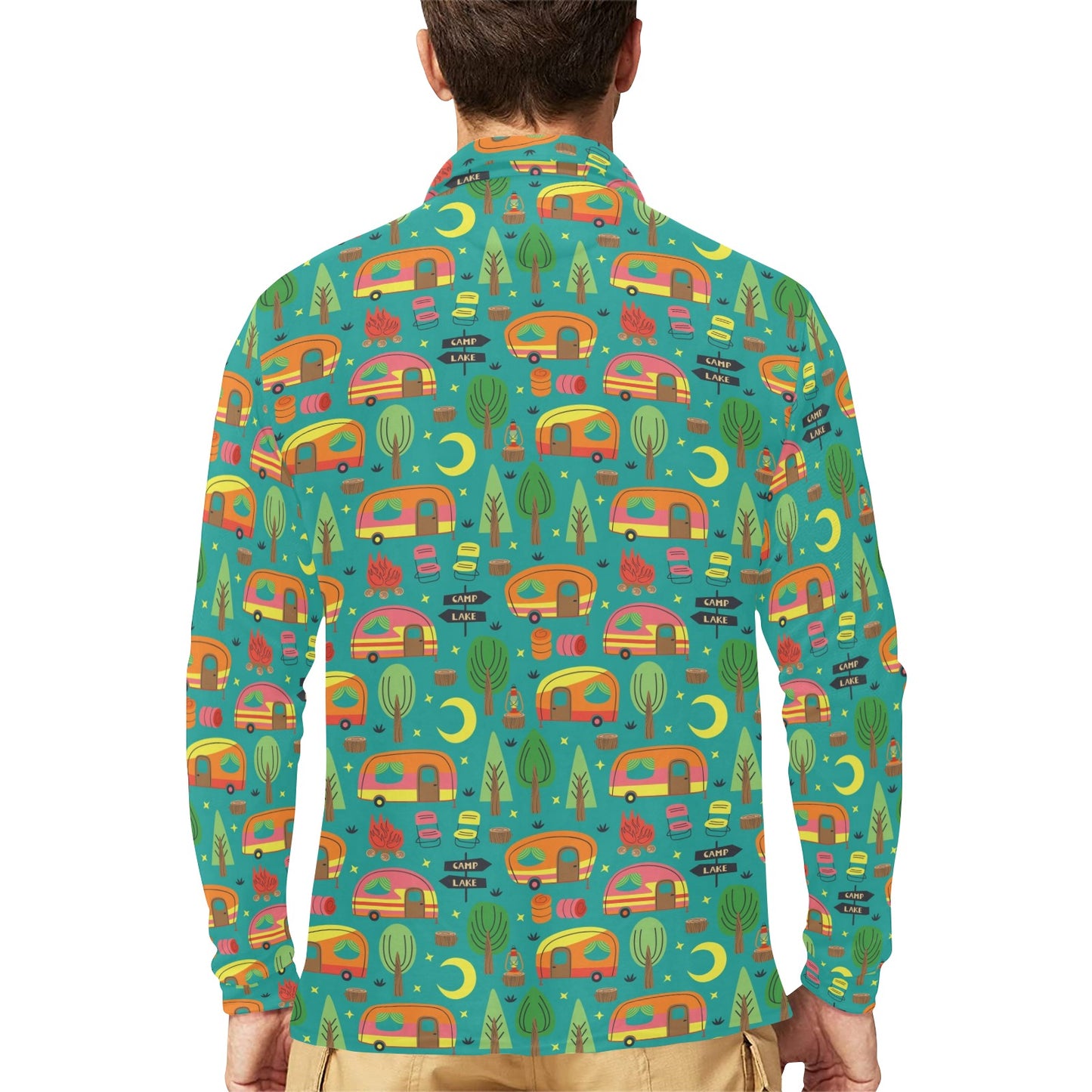 Camping Camper Pattern Print Design 05 Long Sleeve Polo Shirt For Men's