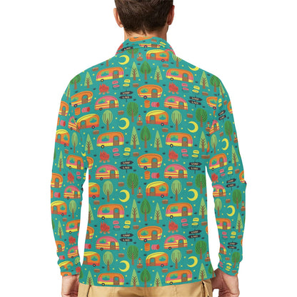 Camping Camper Pattern Print Design 05 Long Sleeve Polo Shirt For Men's