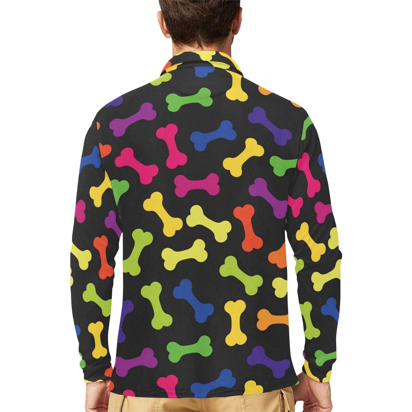 Dog Bone Neon Color Pattern Print Design 02 Long Sleeve Polo Shirt For Men's