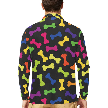 Dog Bone Neon Color Pattern Print Design 02 Long Sleeve Polo Shirt For Men's
