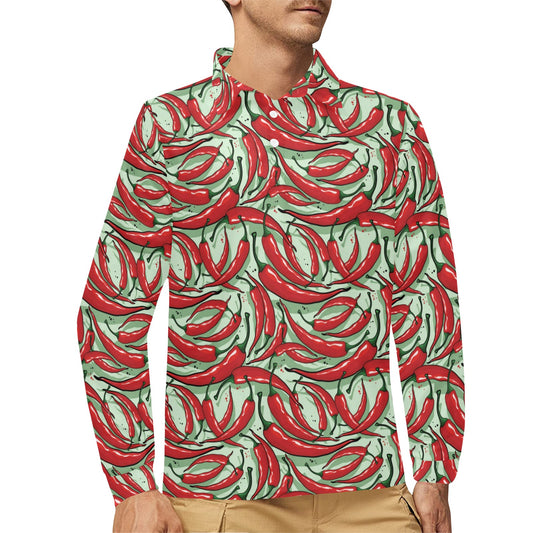 Chilli Pepper Pattern Print Design 04 Long Sleeve Polo Shirt For Men's