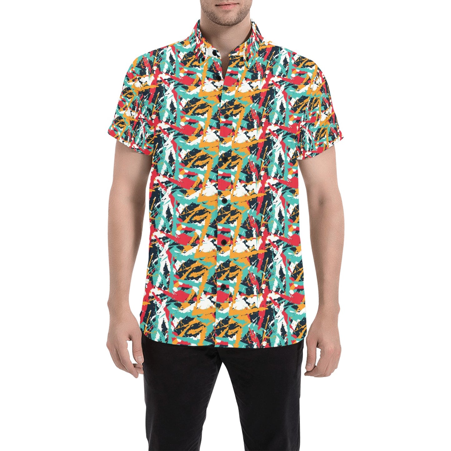 Splatter Print Design LKS304 Men Short Sleeve Button Up Shirt