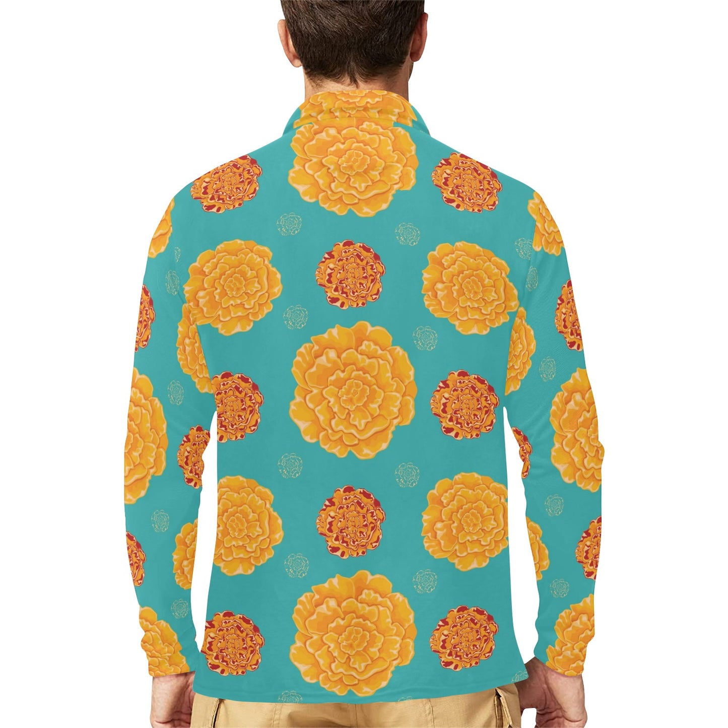 Marigold Pattern Print Design 02 Long Sleeve Polo Shirt For Men's