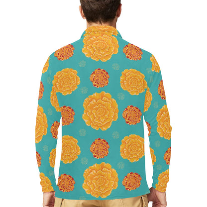 Marigold Pattern Print Design 02 Long Sleeve Polo Shirt For Men's