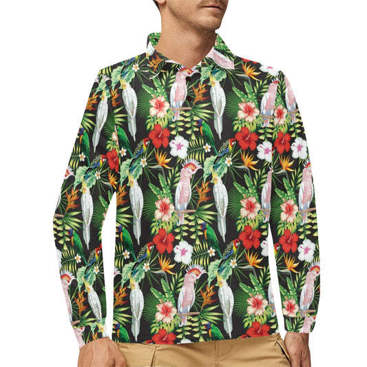 Tropical Flower Pattern Print Design TF03 Long Sleeve Polo Shirt For Men's