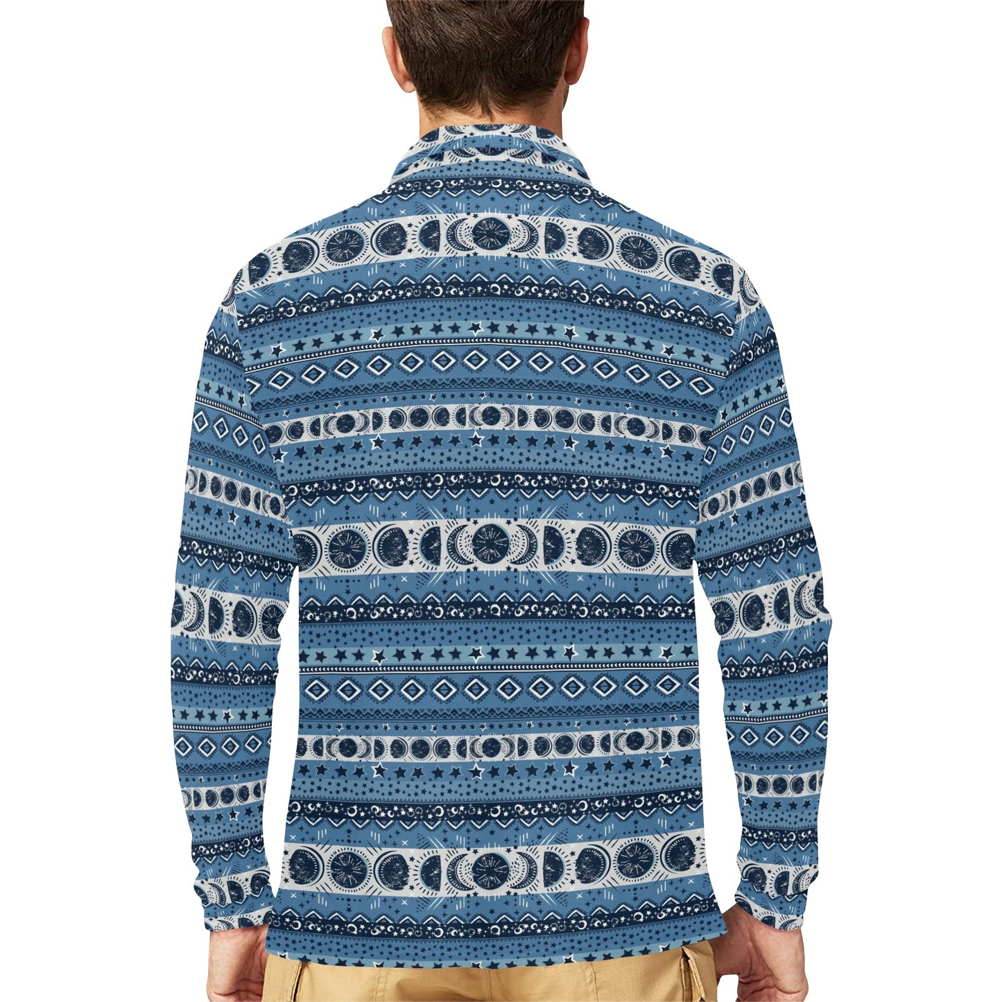 Sun Moon Pattern Print Design LKS306 Long Sleeve Polo Shirt For Men's