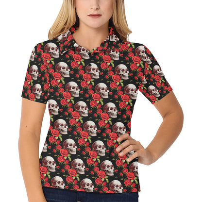 Red Rose Skull Design Print Women's Polo Shirt