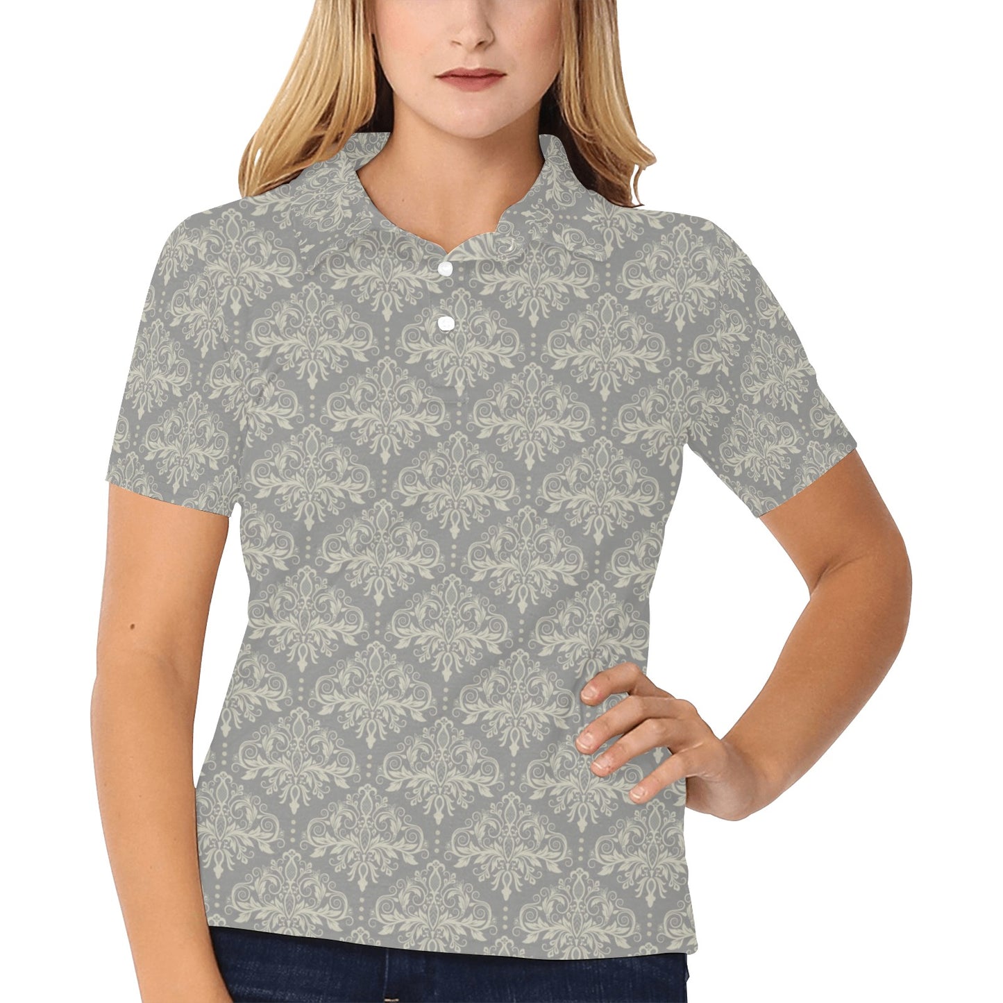 Damask Grey Elegant Print Pattern Women's Polo Shirt