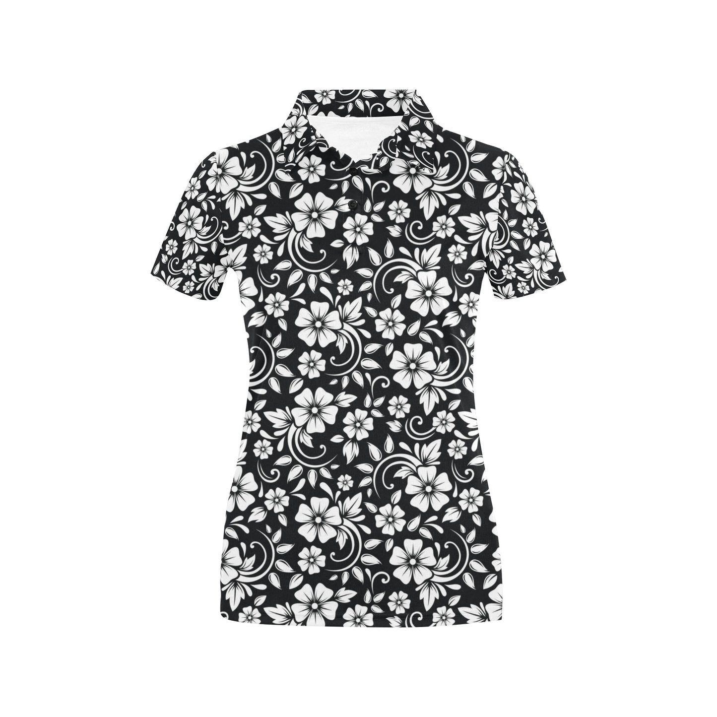 Floral Black White Themed Print Women's Polo Shirt