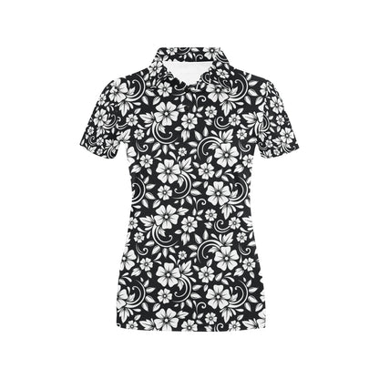 Floral Black White Themed Print Women's Polo Shirt