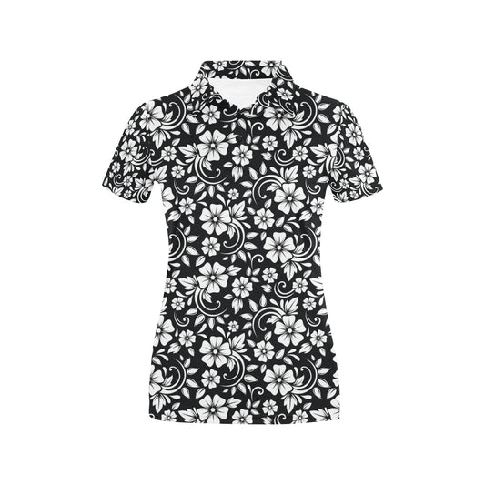 Floral Black White Themed Print Women's Polo Shirt