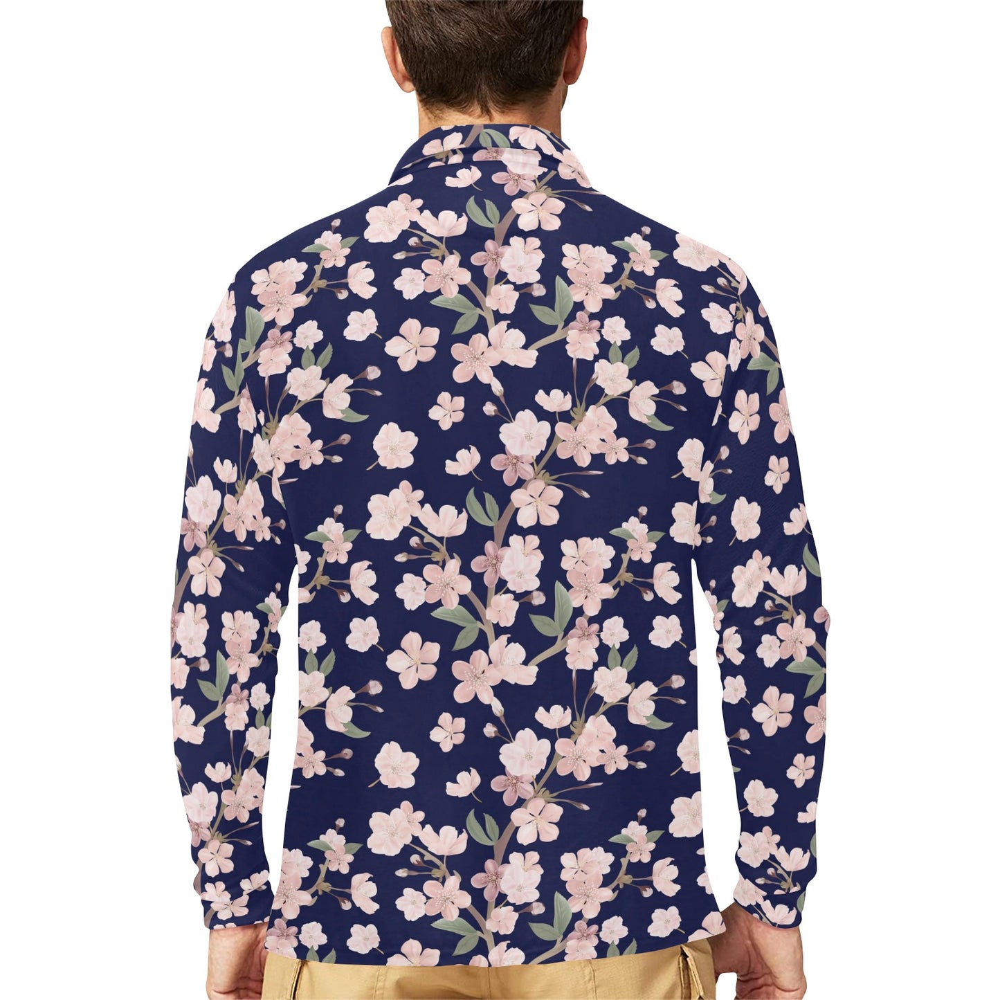 Sakura Print Design LKS301 Long Sleeve Polo Shirt For Men's