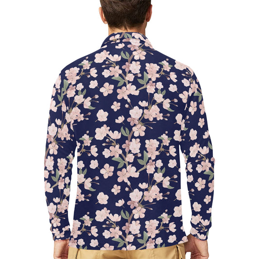 Sakura Print Design LKS301 Long Sleeve Polo Shirt For Men's