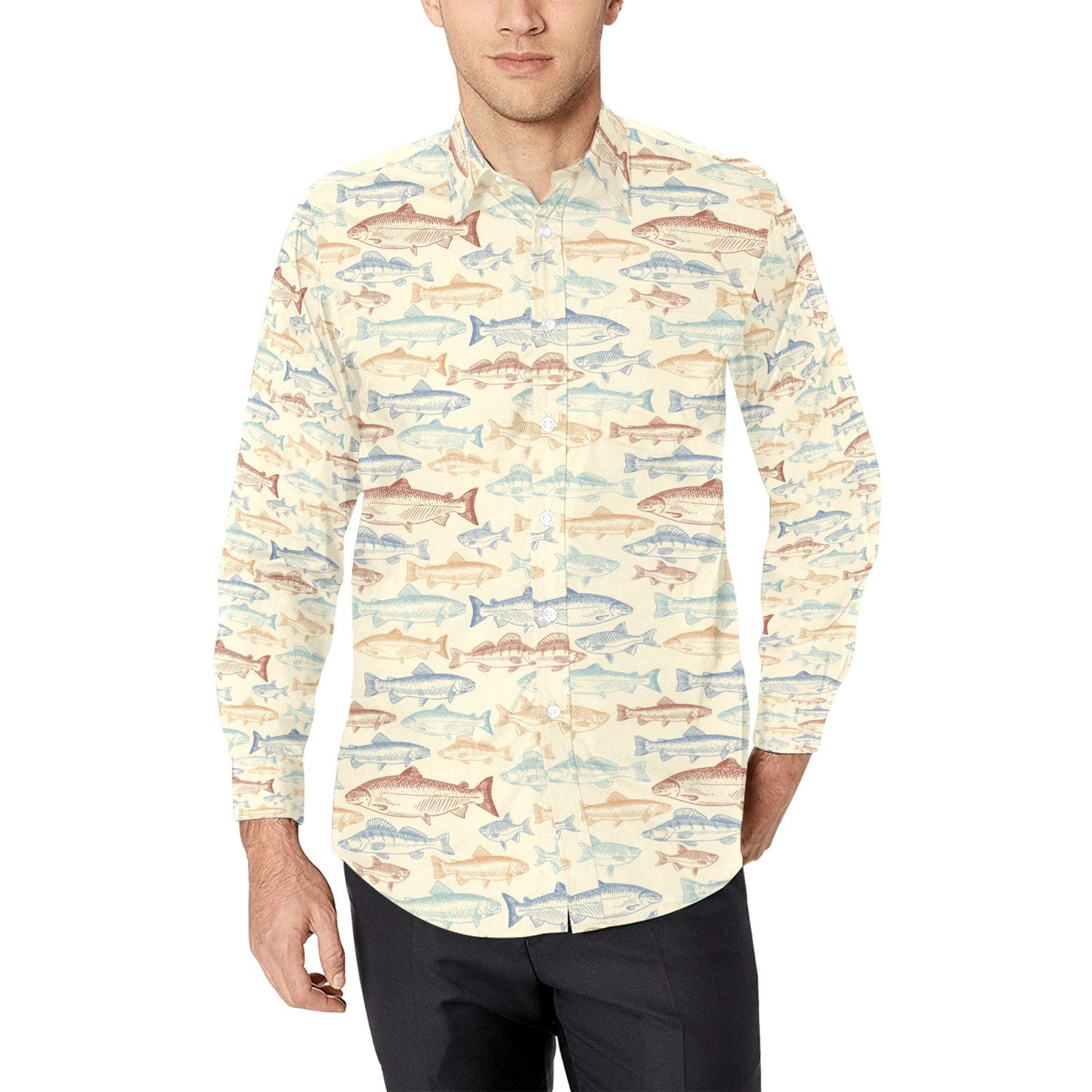 Salmon Fish Print Design LKS302 Men's Long Sleeve Dress Shirt