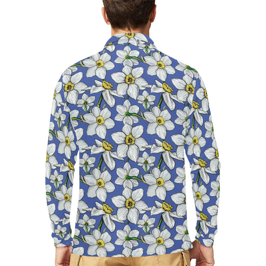 Daffodils Pattern Print Design DF08 Long Sleeve Polo Shirt For Men's