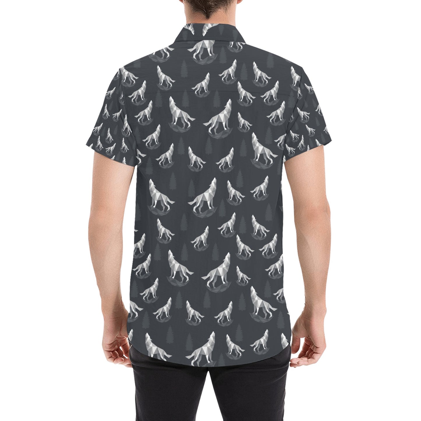 Wolf Print Design LKS303 Men Short Sleeve Button Up Shirt