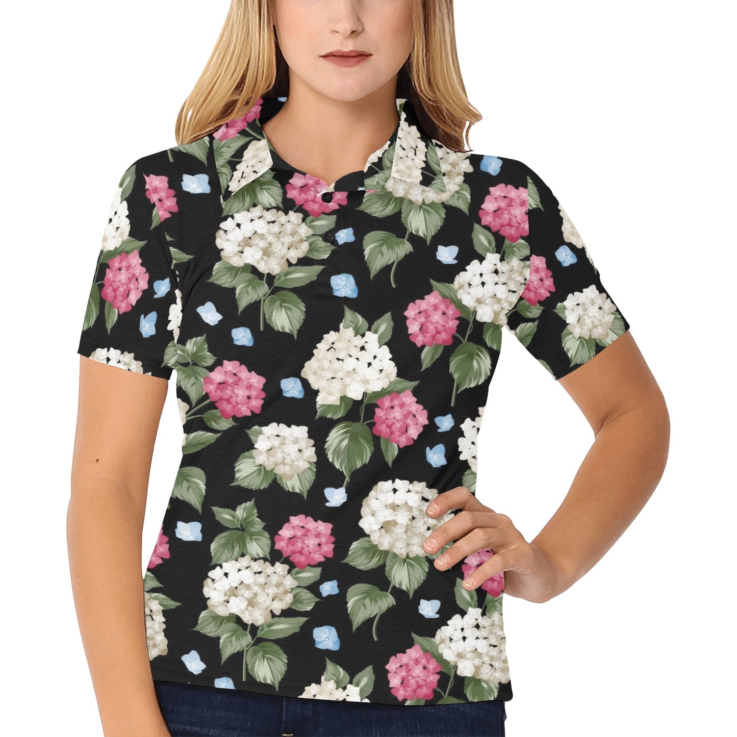 Hydrangea Pattern Print Design HD09 Women's Polo Shirt
