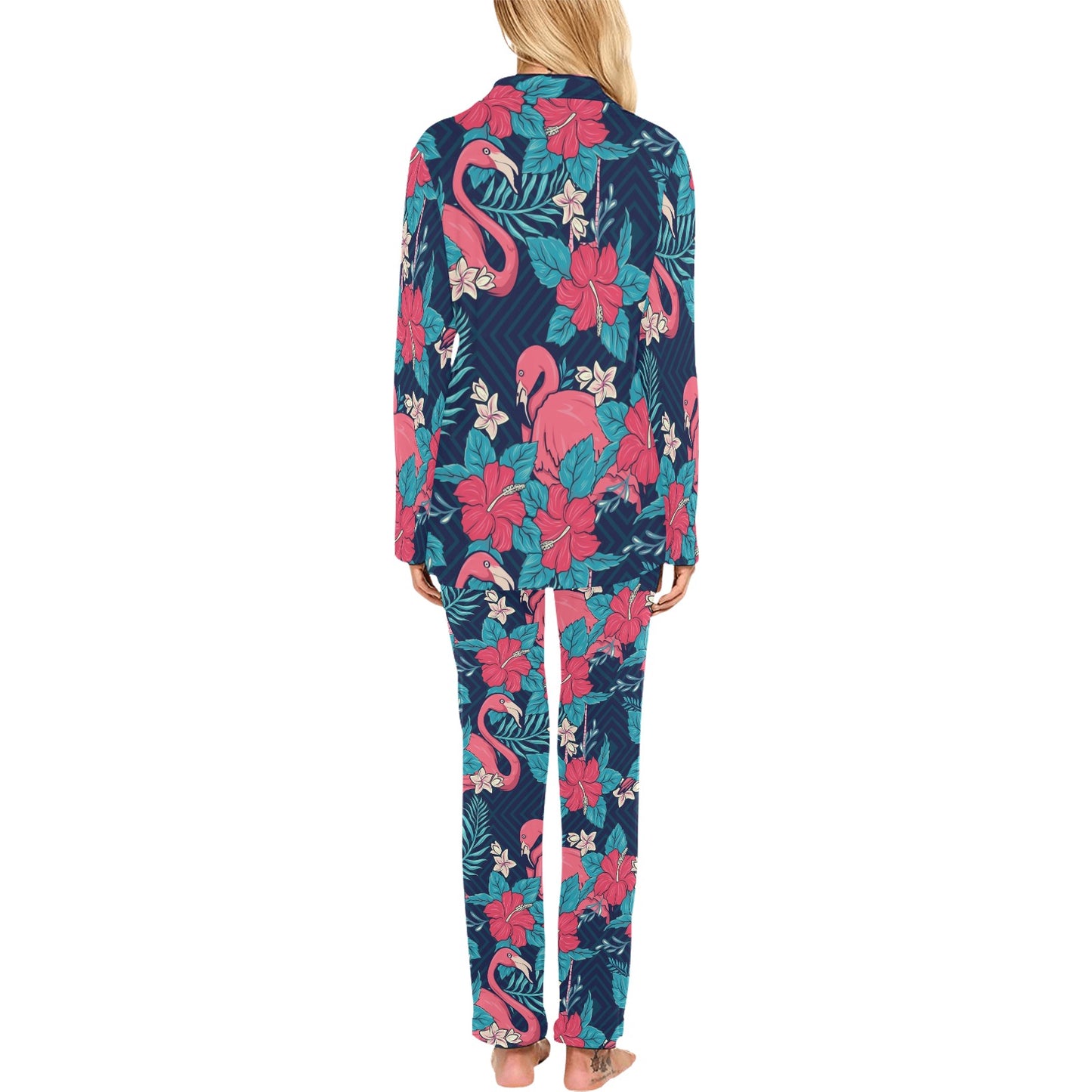 Flamingo Red Hibiscus Pattern Women's Long Pajama Set