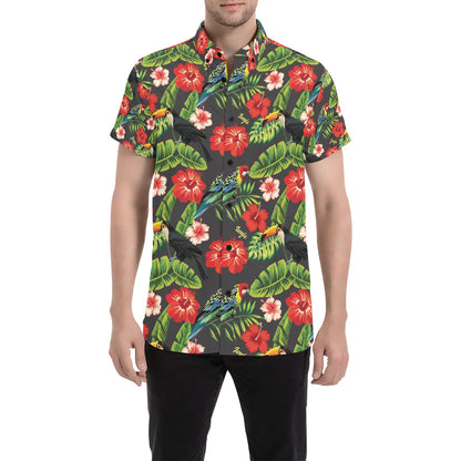 Hibiscus Red With Parrotprint Design LKS303 Men Short Sleeve Button Up Shirt