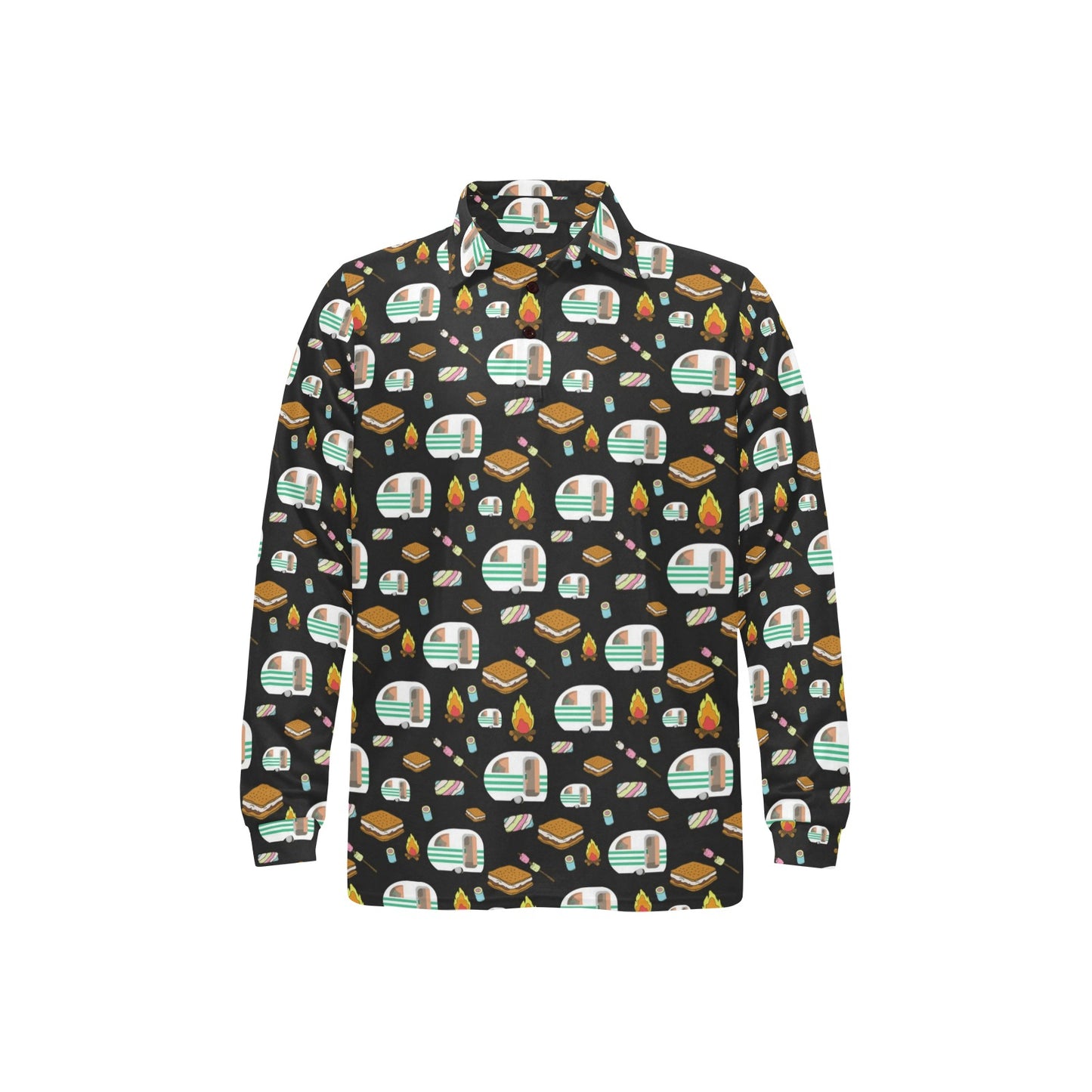 Camper marshmallow Camping Design Print Long Sleeve Polo Shirt For Men's