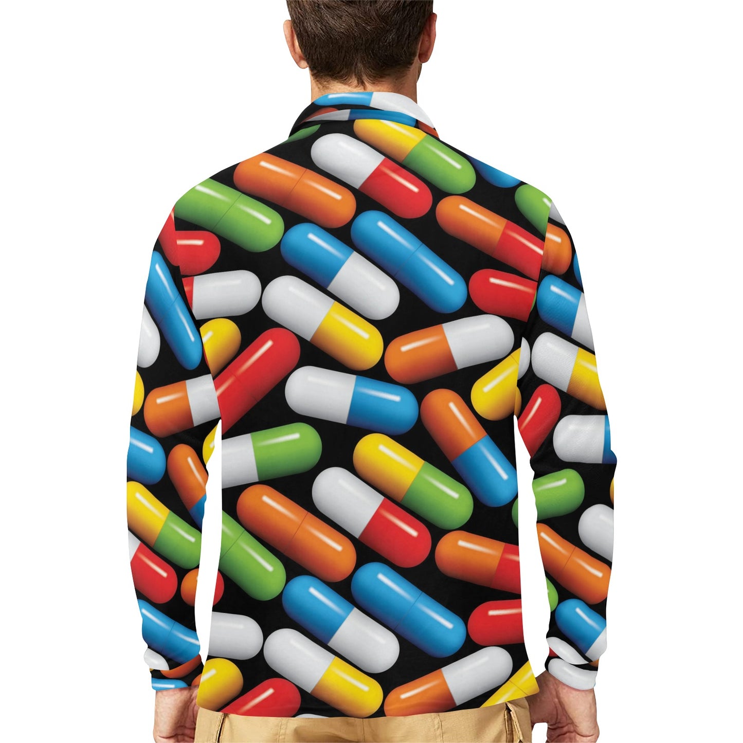 Pill Pattern Print Design A02 Long Sleeve Polo Shirt For Men's