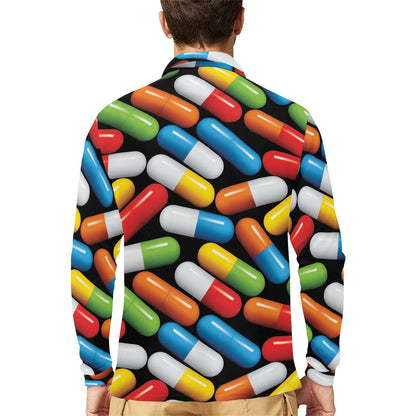 Pill Pattern Print Design A02 Long Sleeve Polo Shirt For Men's