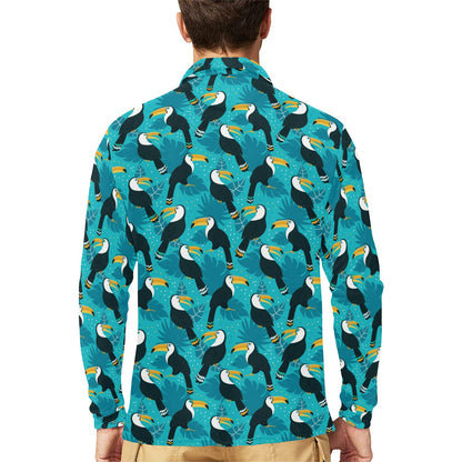 Toucan Parrot Pattern Print Long Sleeve Polo Shirt For Men's