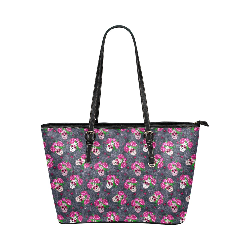 Sugar Skull Pink Rose Themed Print Leather Tote Bag
