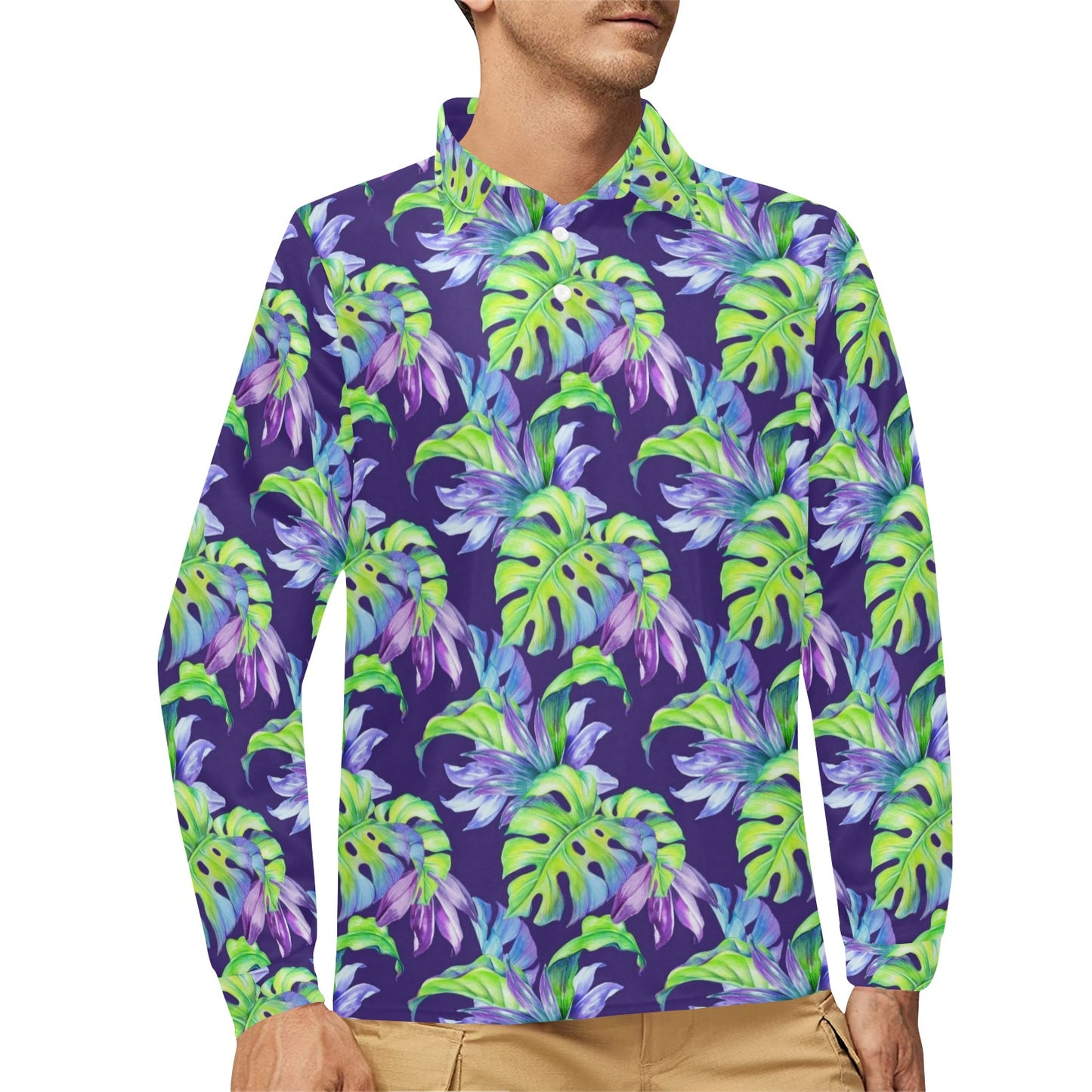 Tropical Flower Pattern Print Design TF019 Long Sleeve Polo Shirt For Men's
