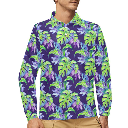 Tropical Flower Pattern Print Design TF019 Long Sleeve Polo Shirt For Men's