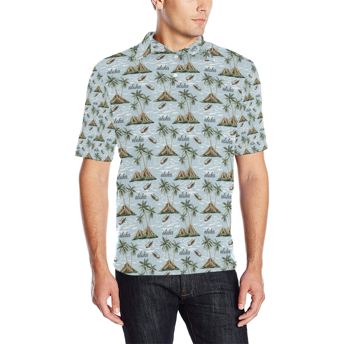 Aloha Hawaii island Design Themed Print Men Polo Shirt