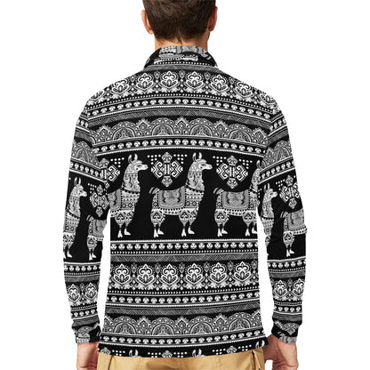Llama Aztec Style Pattern Print Design 01 Long Sleeve Polo Shirt For Men's