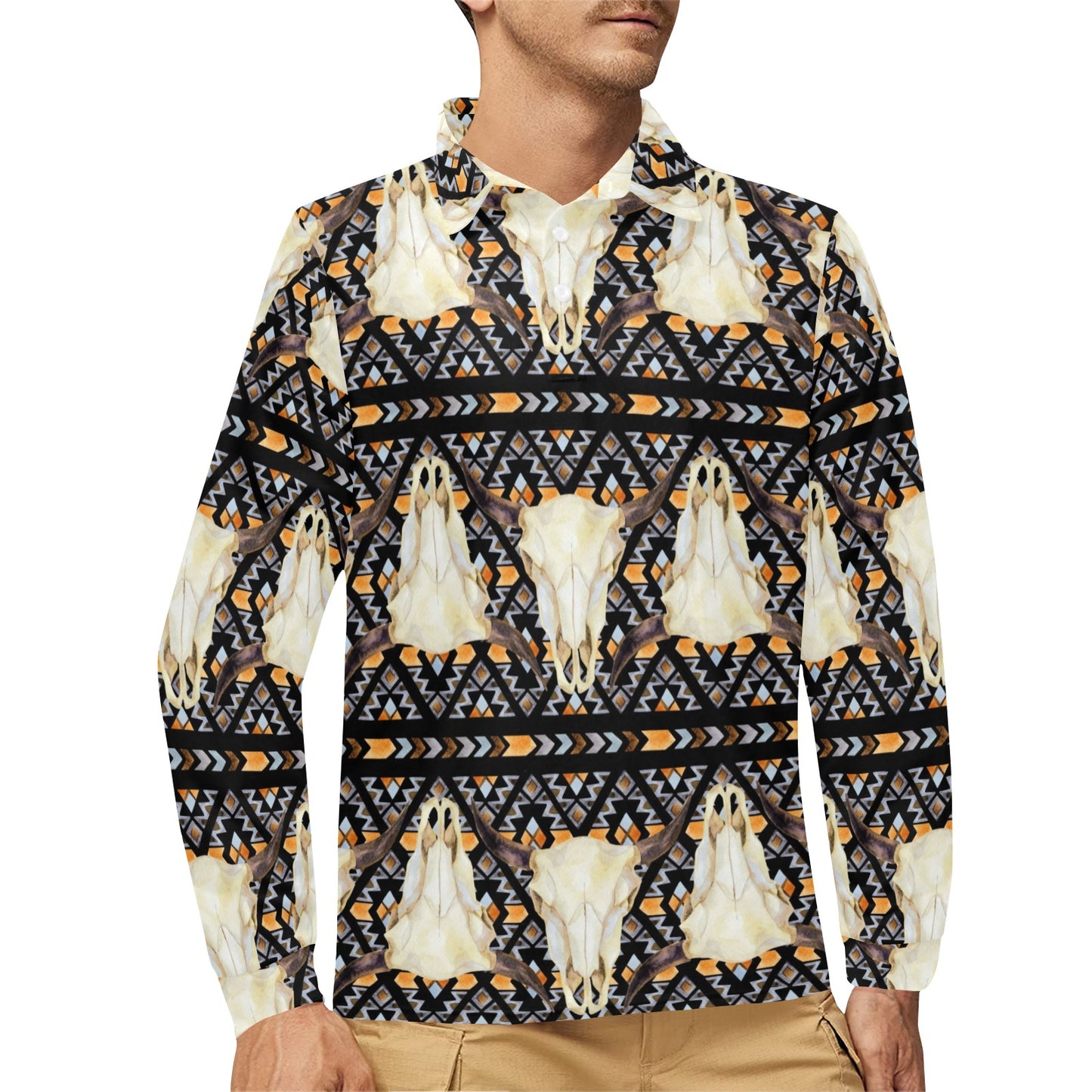 Buffalo Head Pattern Print Design 03 Long Sleeve Polo Shirt For Men's
