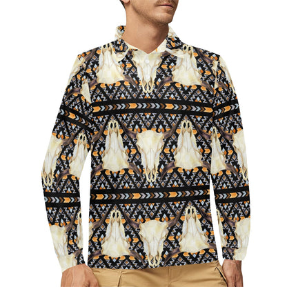 Buffalo Head Pattern Print Design 03 Long Sleeve Polo Shirt For Men's