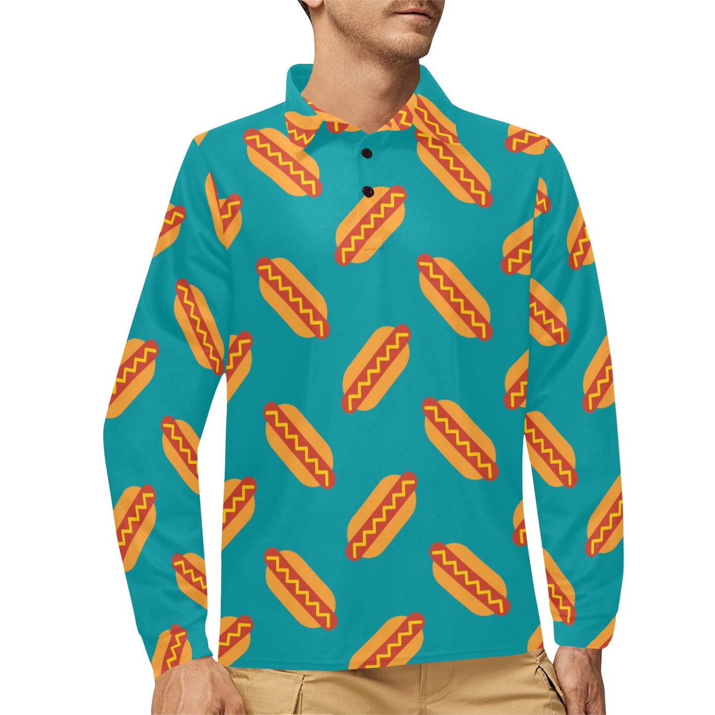Hot Dog Pattern Print Design 03 Long Sleeve Polo Shirt For Men's