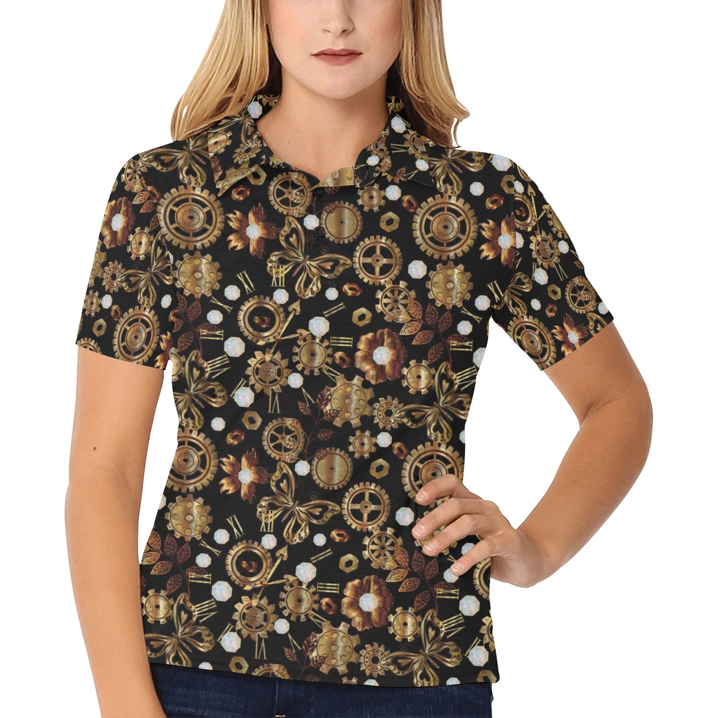 Steampunk Butterfly Design Themed Print Women's Polo Shirt